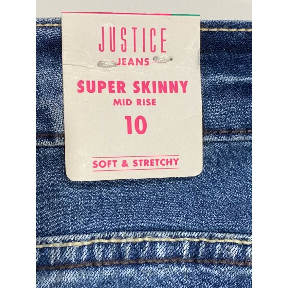 NWT JUSTICE Super Skinny Jeans Sz 10 Ripped Medium Wash #0486